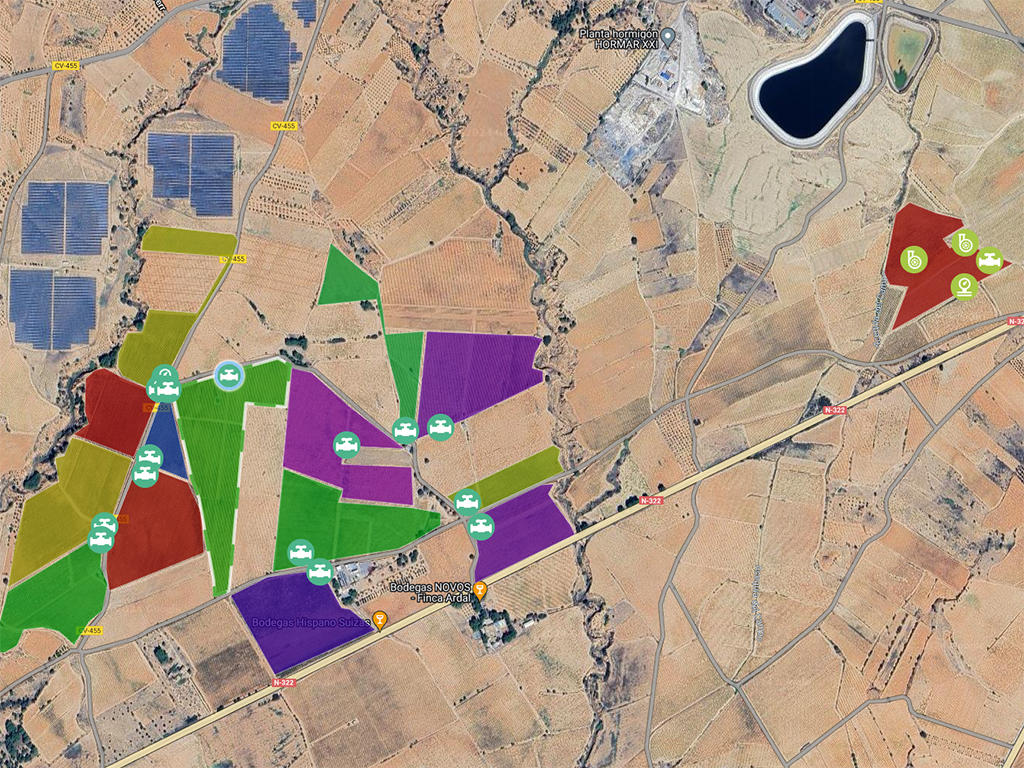 Plano de la finca de viñedo de Bodegas Hispano-Suizas en Valencia