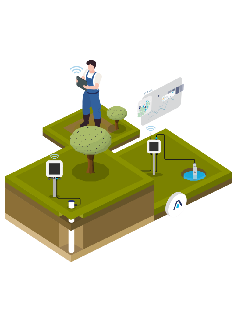 Ilustración de agricultor moniorizando datos recogidos por sensores en su finca agrícola