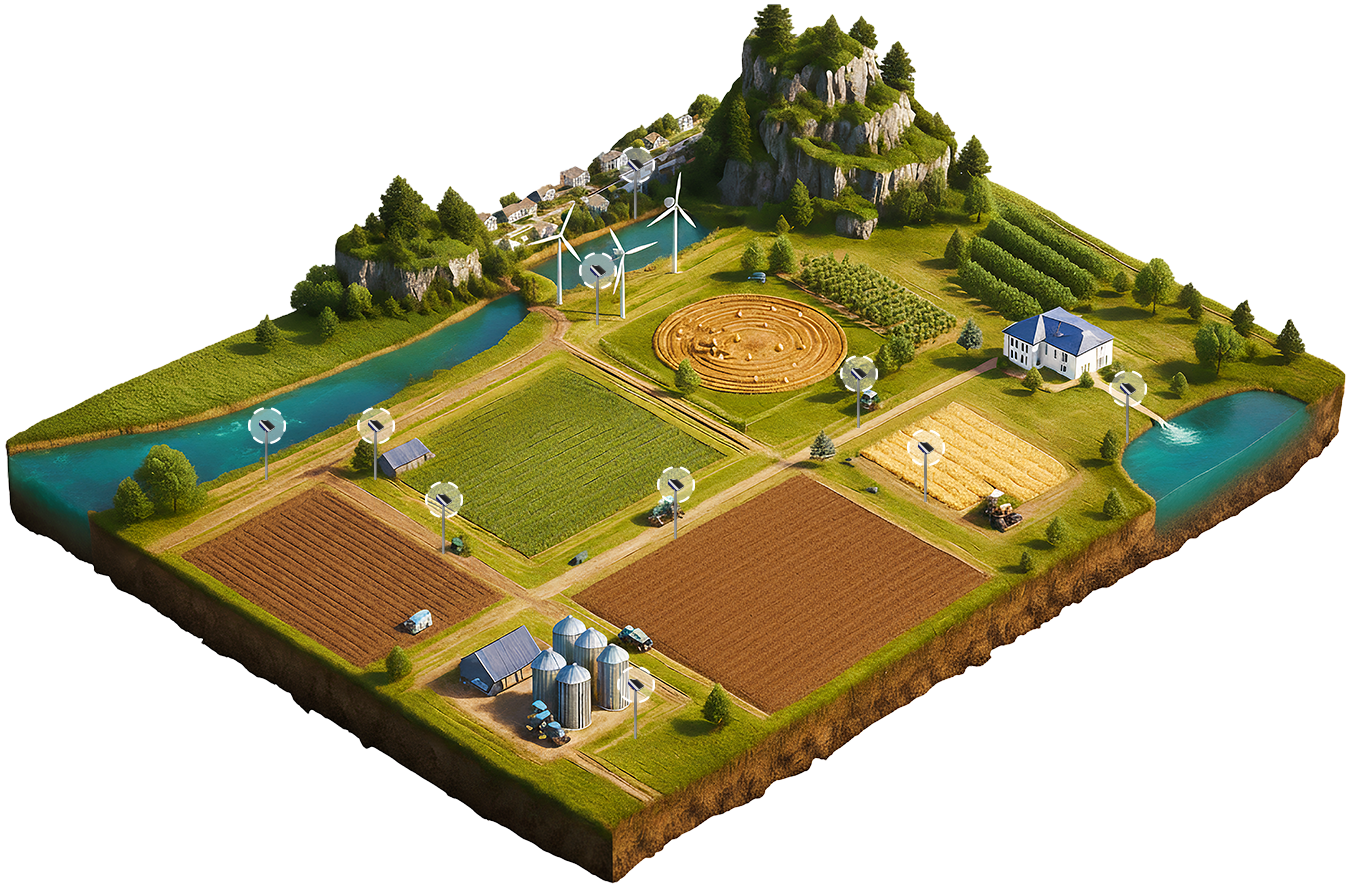 Mapa con perspectiva isométrica de una cominidad de regantes con la gestión de agua digitalizada con dispositivos Spherag instalados estilo realista.