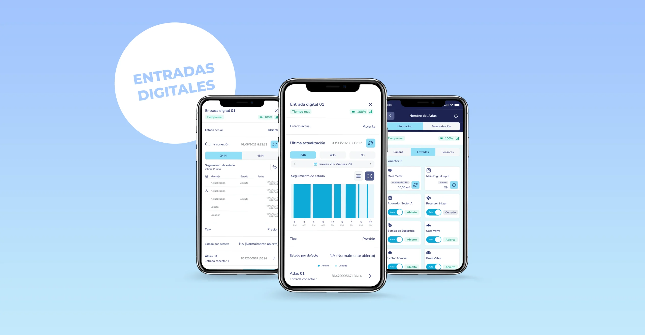 App de Spherag mostrando el estado de una entrada digital de presión y el panel de entradas de un Atlas.